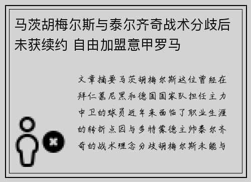马茨胡梅尔斯与泰尔齐奇战术分歧后未获续约 自由加盟意甲罗马 马茨胡梅尔斯与泰尔齐奇战术分歧后未获续约 自由加盟意甲罗马